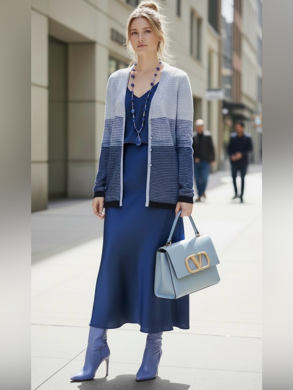 St. John Denim Blue Periwinkle Stripe Cashmere Cardigan Sweater L MSRP $699